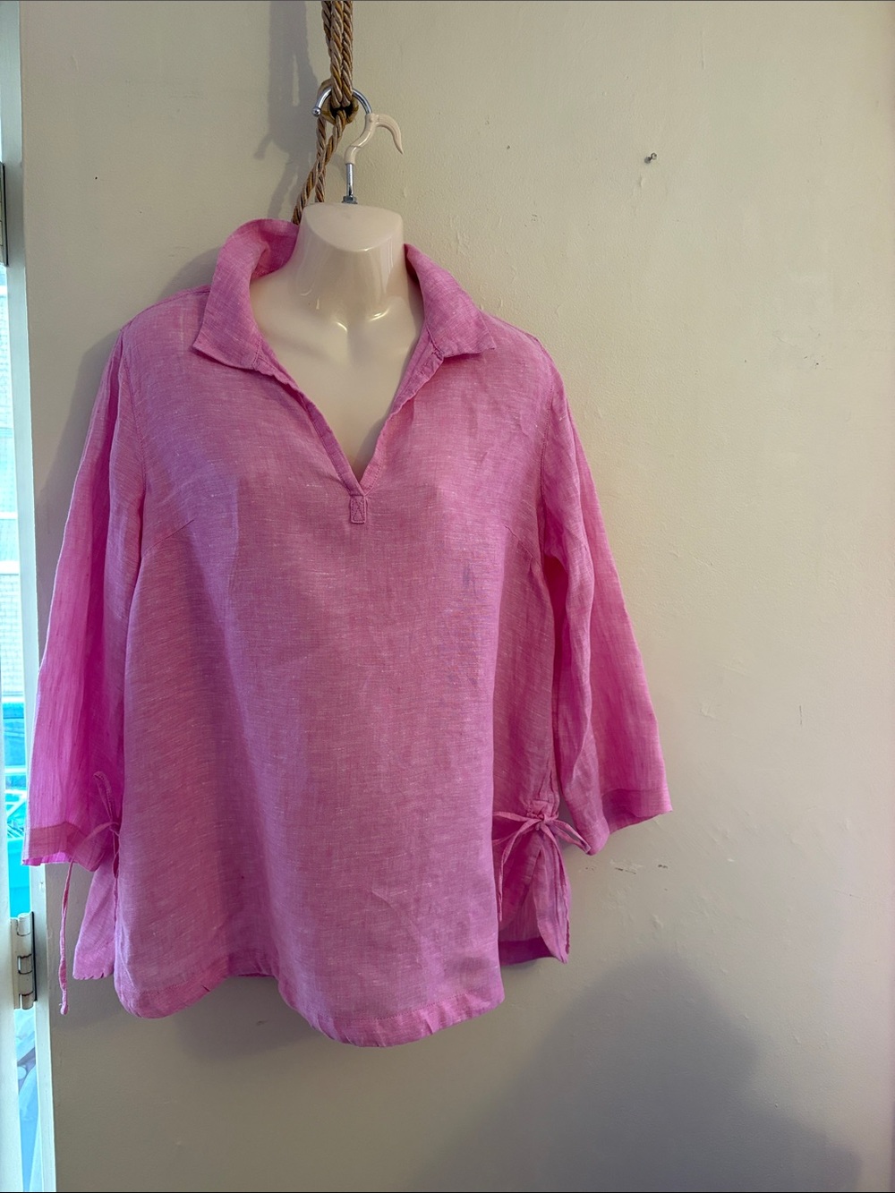 Isaac Mizrahi Pink Linen Split-Neck Tunic with Side Tie. Linen